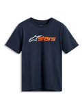 Alpinestars Blaze 2.0 CSF Tee, Short Sleeve T-Shirt, Navy Blue, White Alpinestars logo and orange 'stars' graphic on the chest, Casual Motorsport Sportswear