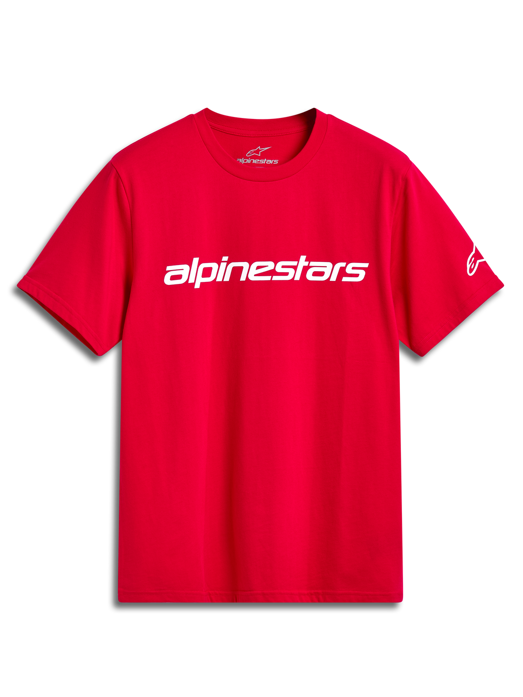 Alpinestars Linear Wordmark 2.0 CSF T-Shirt, rotes Kurzarm-T-Shirt mit weißem Brust-Logo und Ageless-Logo am Ärmel, Sportswear.