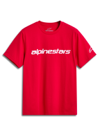 Alpinestars Linear Wordmark 2.0 CSF T-Shirt, rotes Kurzarm-T-Shirt mit weißem Brust-Logo und Ageless-Logo am Ärmel, Sportswear.