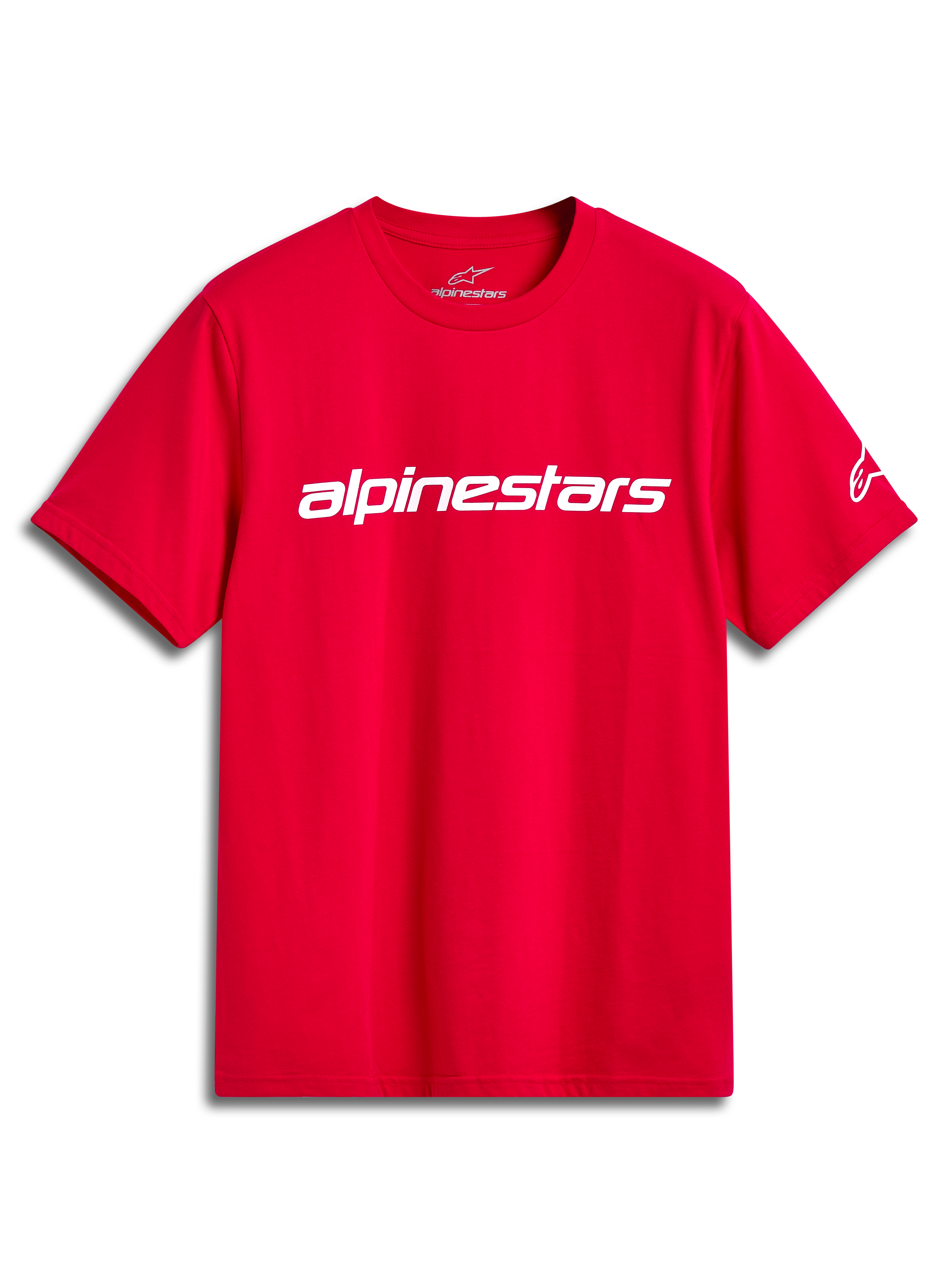 Alpinestars Linear Wordmark 2.0 CSF T-Shirt, rotes Kurzarm-T-Shirt mit weißem Brust-Logo und Ageless-Logo am Ärmel, Sportswear.