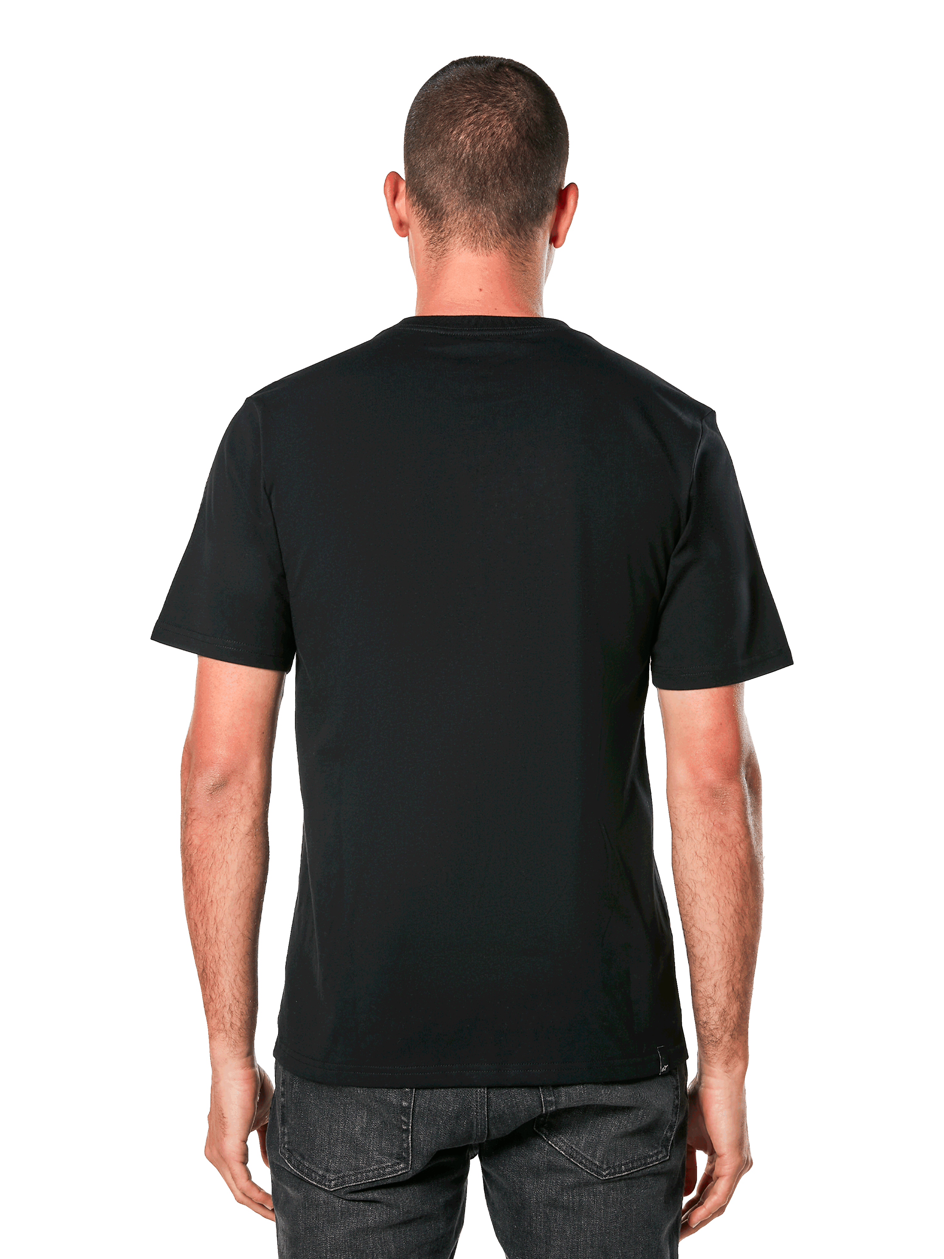 Alpinestars Ride 4.0 CSF Tee, Rückansicht, schwarzes Kurzarm-T-Shirt, lässige, vom Motorsport inspirierte Sportbekleidung, getragen von einem Mann mit dunkler Jeans