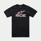 Alpinestars Ride 4.0 CSF Tee, Kurzarm-T-Shirt, Schwarz, rotes Alpinestars-Logo und weißer RIDE-Schriftzug, lässige Motorsport-Streetwear