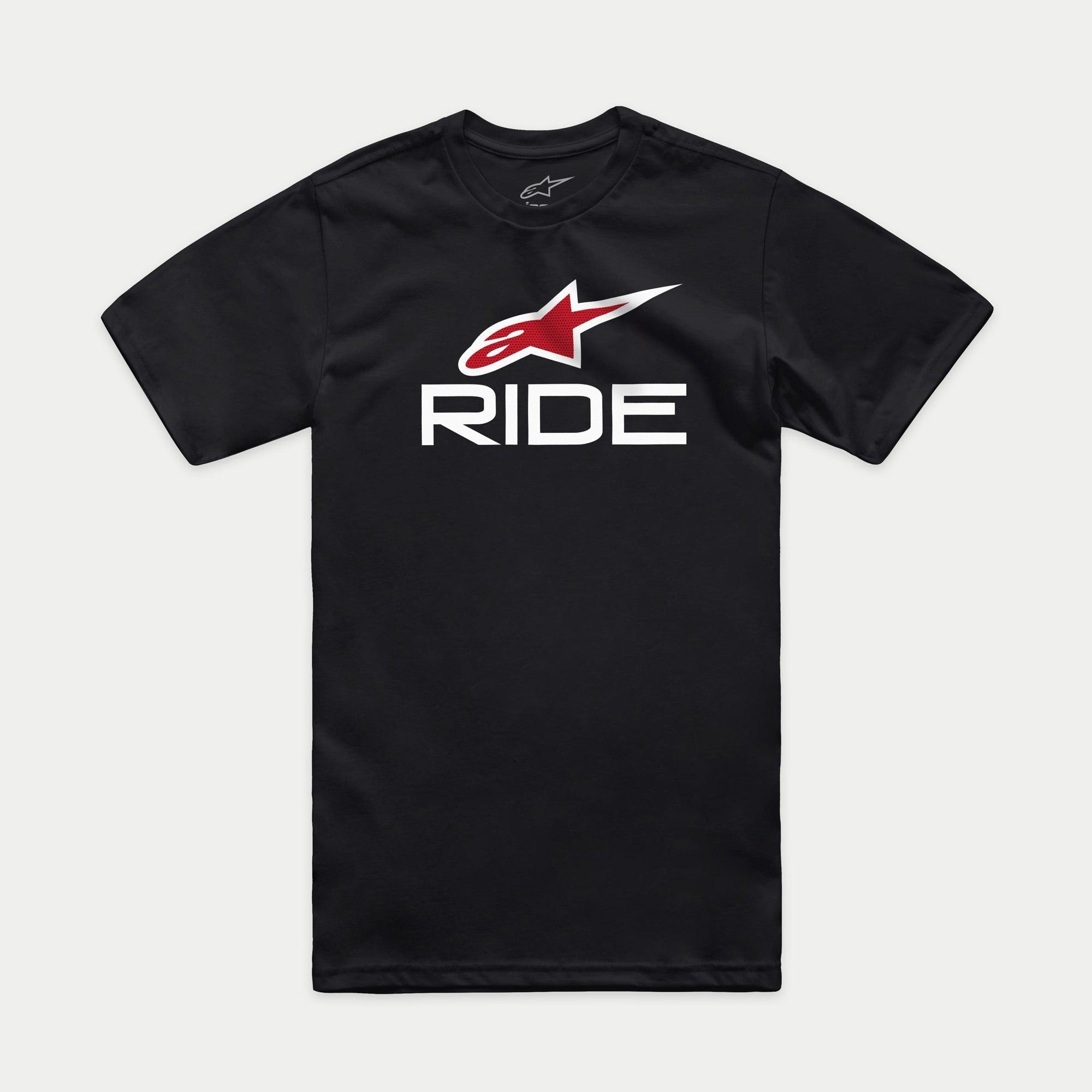 Alpinestars Ride 4.0 CSF Tee, Kurzarm-T-Shirt, Schwarz, rotes Alpinestars-Logo und weißer RIDE-Schriftzug, lässige Motorsport-Streetwear