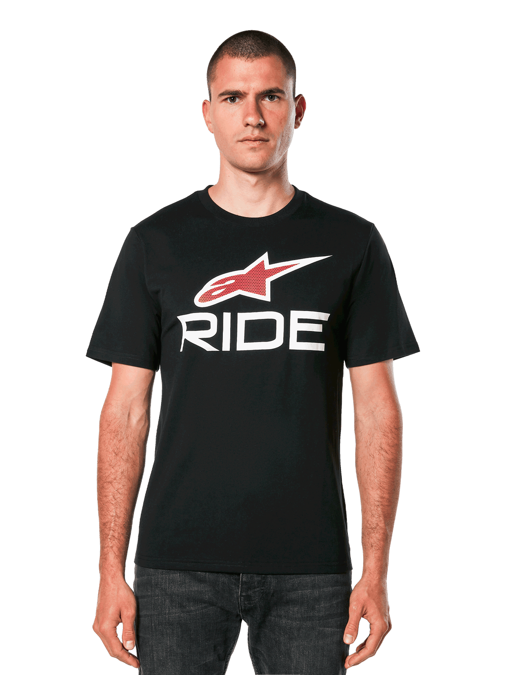 Alpinestars Ride 4.0 CSF Tee, schwarzes Kurzarm-T-Shirt mit rotem Stern-Logo und weißem RIDE-Schriftzug, lässige Motorsportbekleidung für Herren