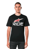 Alpinestars Ride 4.0 CSF Tee, schwarzes Kurzarm-T-Shirt mit rotem Stern-Logo und weißem RIDE-Schriftzug, lässige Motorsportbekleidung für Herren