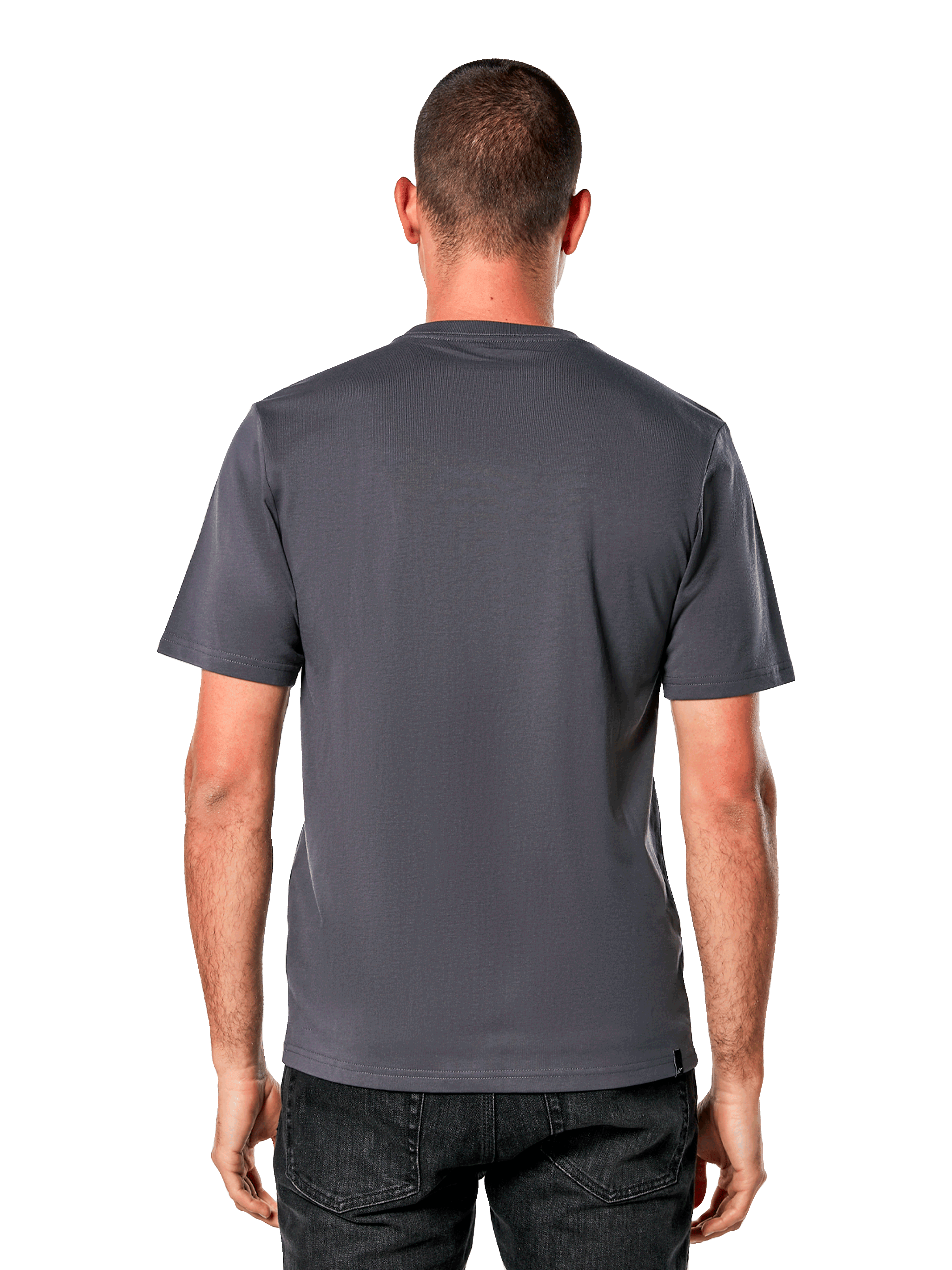 Alpinestars Ride 4.0 CSF Tee, Rückansicht, kurzärmeliges T-Shirt, Charcoal, schlichtes Design auf der Rückseite mit Cut-and-Sew-Passform, kombiniert mit schwarzen Jeans, lässige, vom Motorsport inspirierte Streetwear