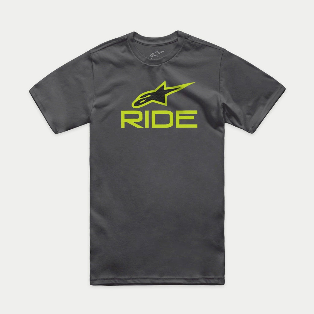 Alpinestars Ride 4.0 CSF Tee, kurzärmeliges T-Shirt, Anthrazit, limettengrünes und schwarzes Astars-Logo mit RIDE-Schriftzug, lässige Motorsport-Sportbekleidung