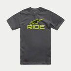 Alpinestars Ride 4.0 CSF Tee, kurzärmeliges T-Shirt, Anthrazit, limettengrünes und schwarzes Astars-Logo mit RIDE-Schriftzug, lässige Motorsport-Sportbekleidung