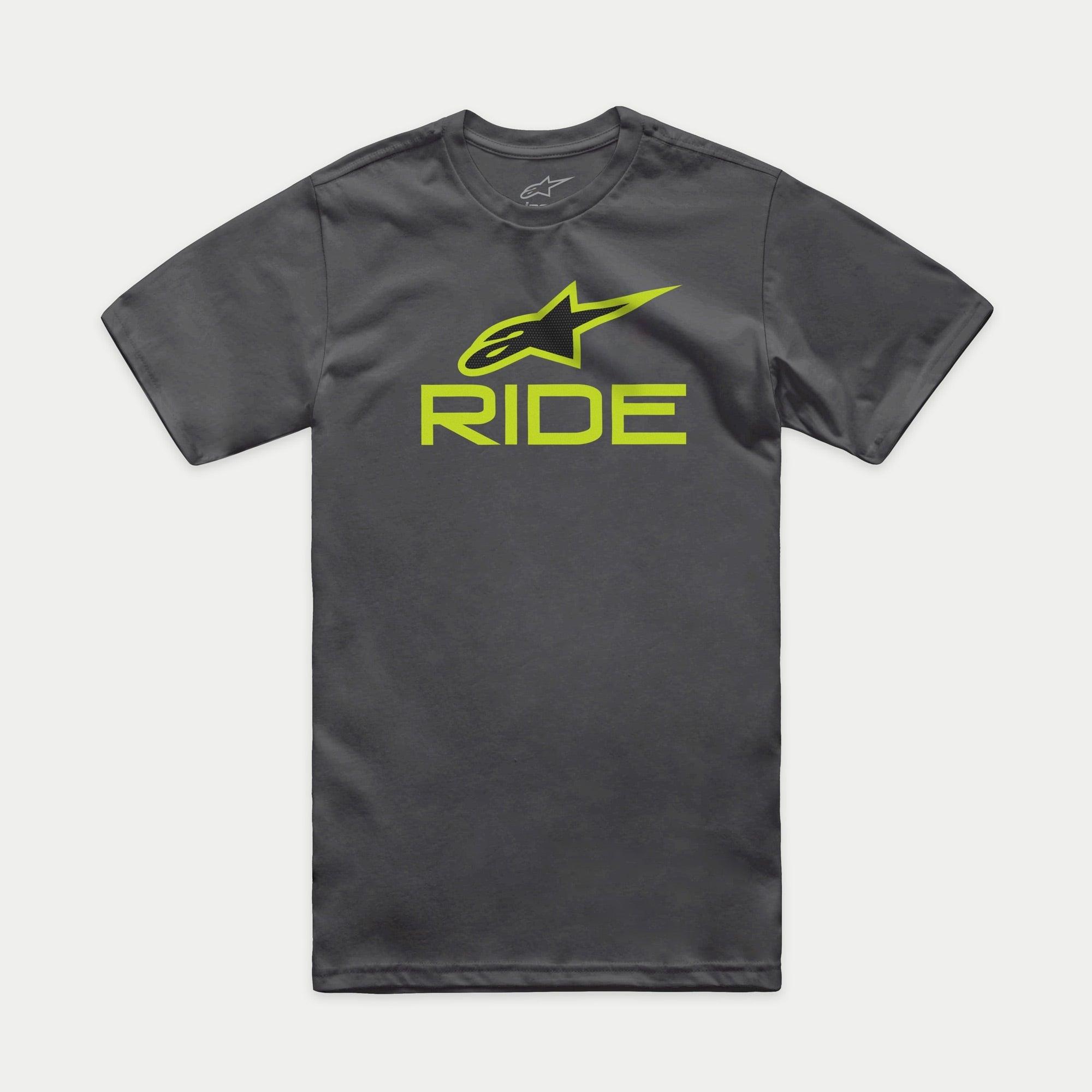 Alpinestars Ride 4.0 CSF Tee, kurzärmeliges T-Shirt, Anthrazit, limettengrünes und schwarzes Astars-Logo mit RIDE-Schriftzug, lässige Motorsport-Sportbekleidung