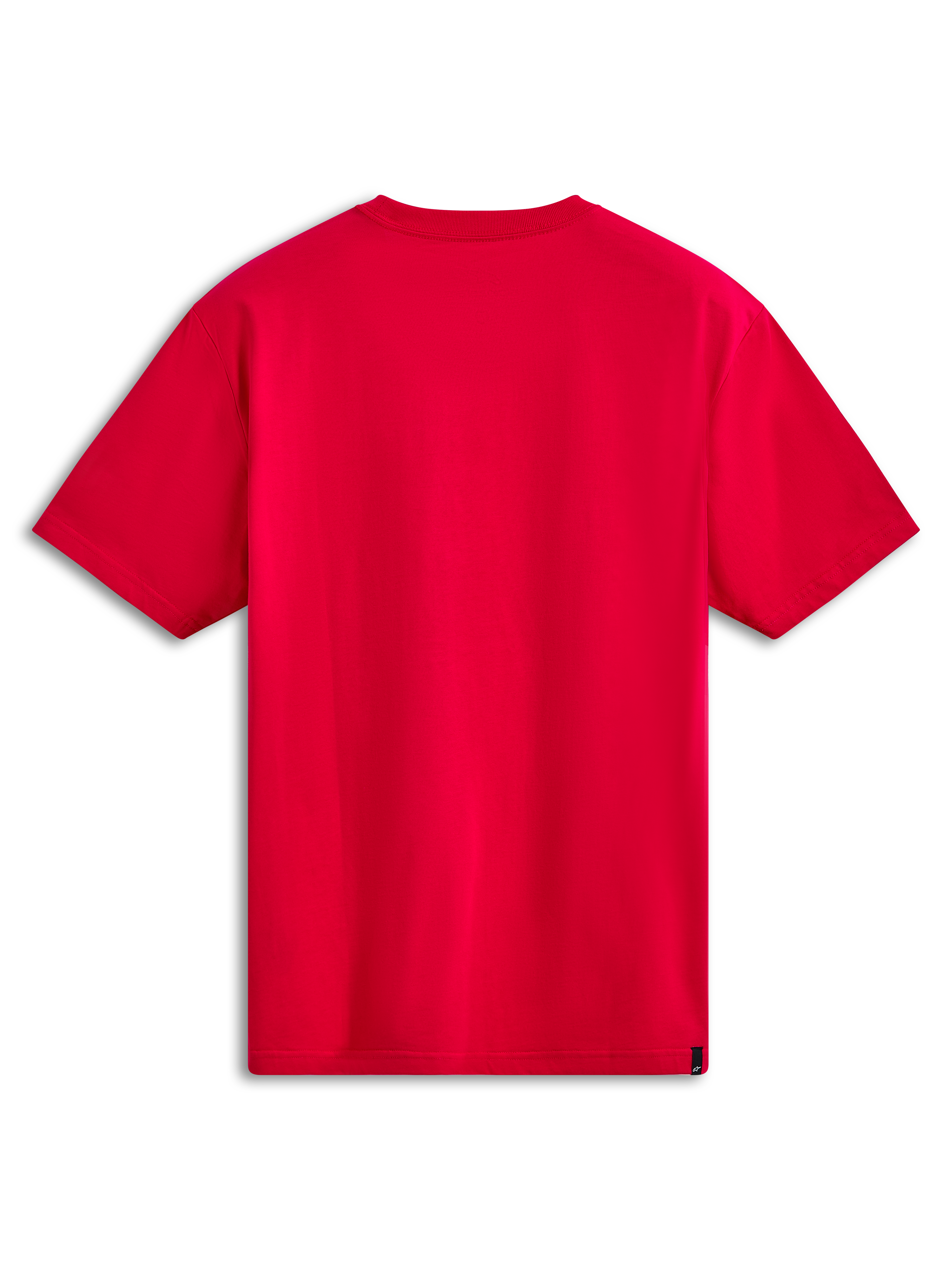 Alpinestars Ride 4.0 CSF Tee, Kurzarm-T-Shirt, Rot, Rückansicht mit einfarbigem rotem Stoff, kleines schwarzes gewebtes Etikett am unteren Saum, lässige Motorsport-Streetwear