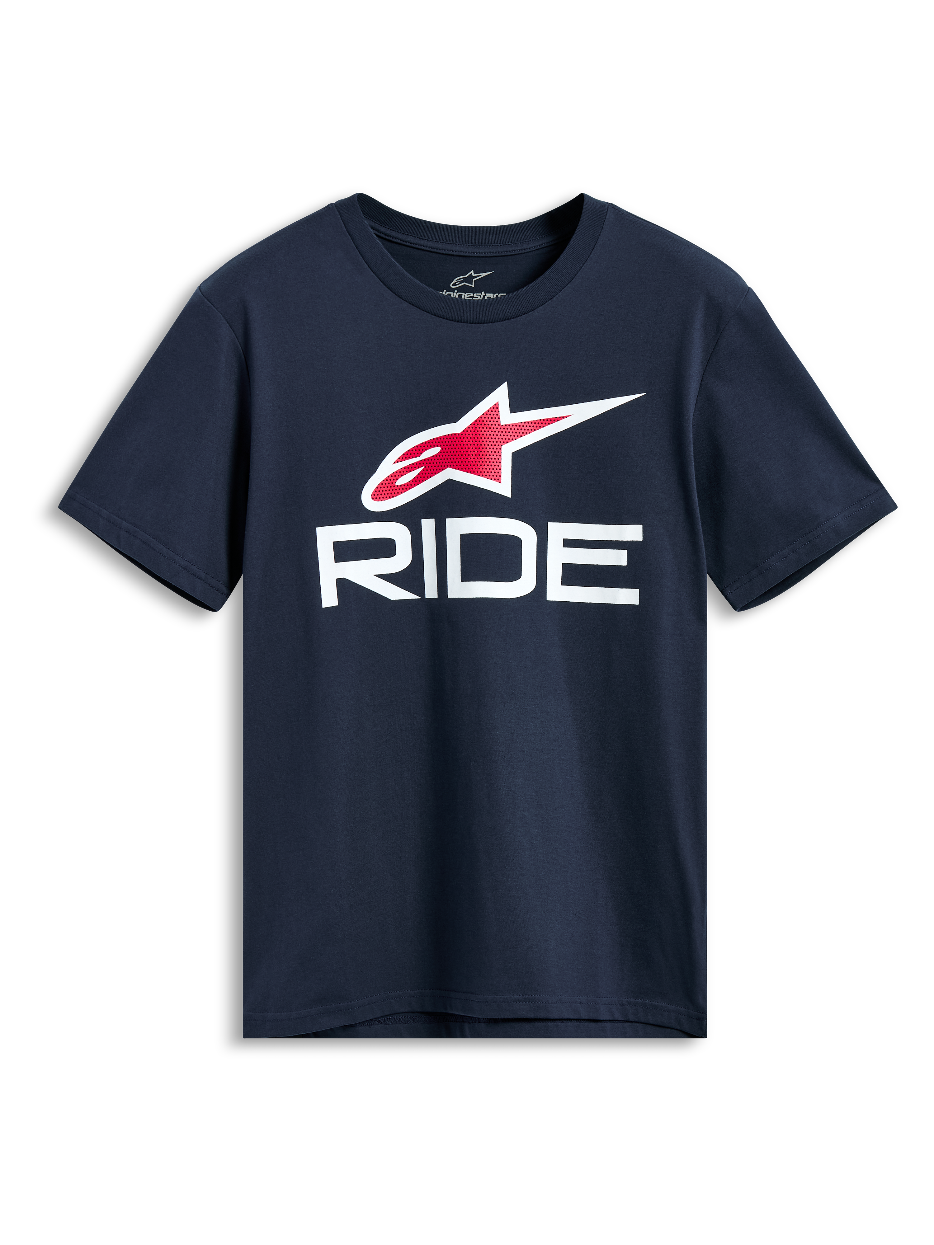Alpinestars Ride 4.0 CSF Tee, Short Sleeve T-Shirt, Navy Blue, Red and White Astars Logo with White RIDE Graphic, Casual Motorsport Streetwear