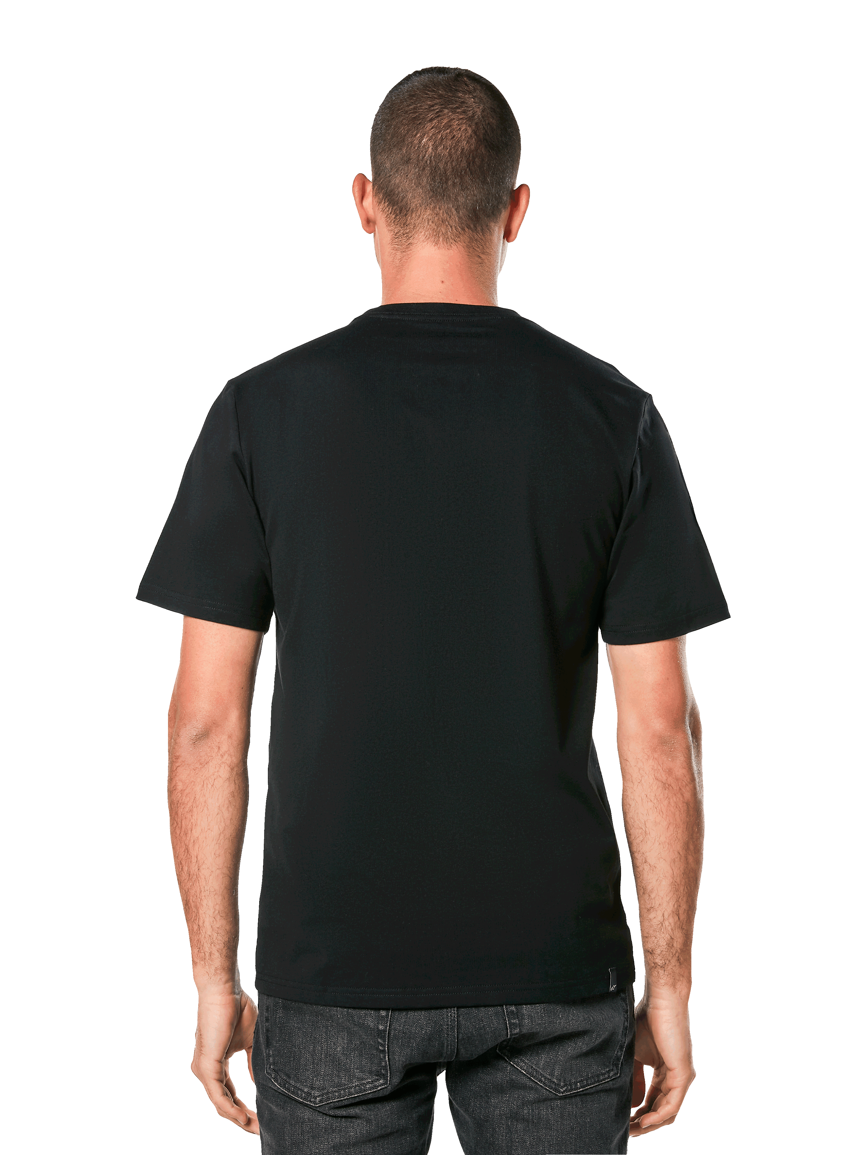 Alpinestars MX Helmet CSF Tee, kurzärmeliges T-Shirt, Schwarz, Rückansicht am Modell, Casual Motorsport Streetwear