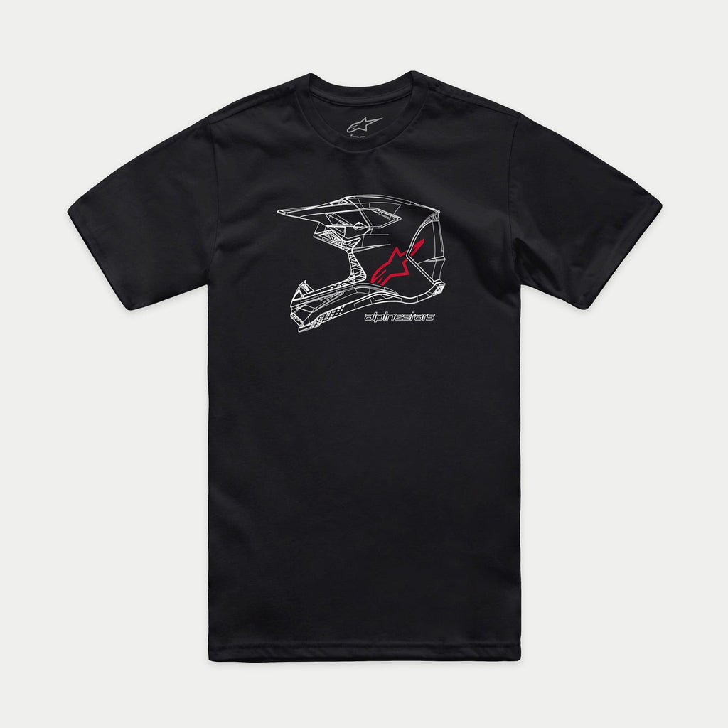 Alpinestars MX Helmet CSF T-Shirt, Kurzarm-T-Shirt, Schwarz, weiße MX-Helm-Grafik in Gitteroptik mit rotem Alpinestars-Logo und Schriftzug, lässige Motorsport-Streetwear