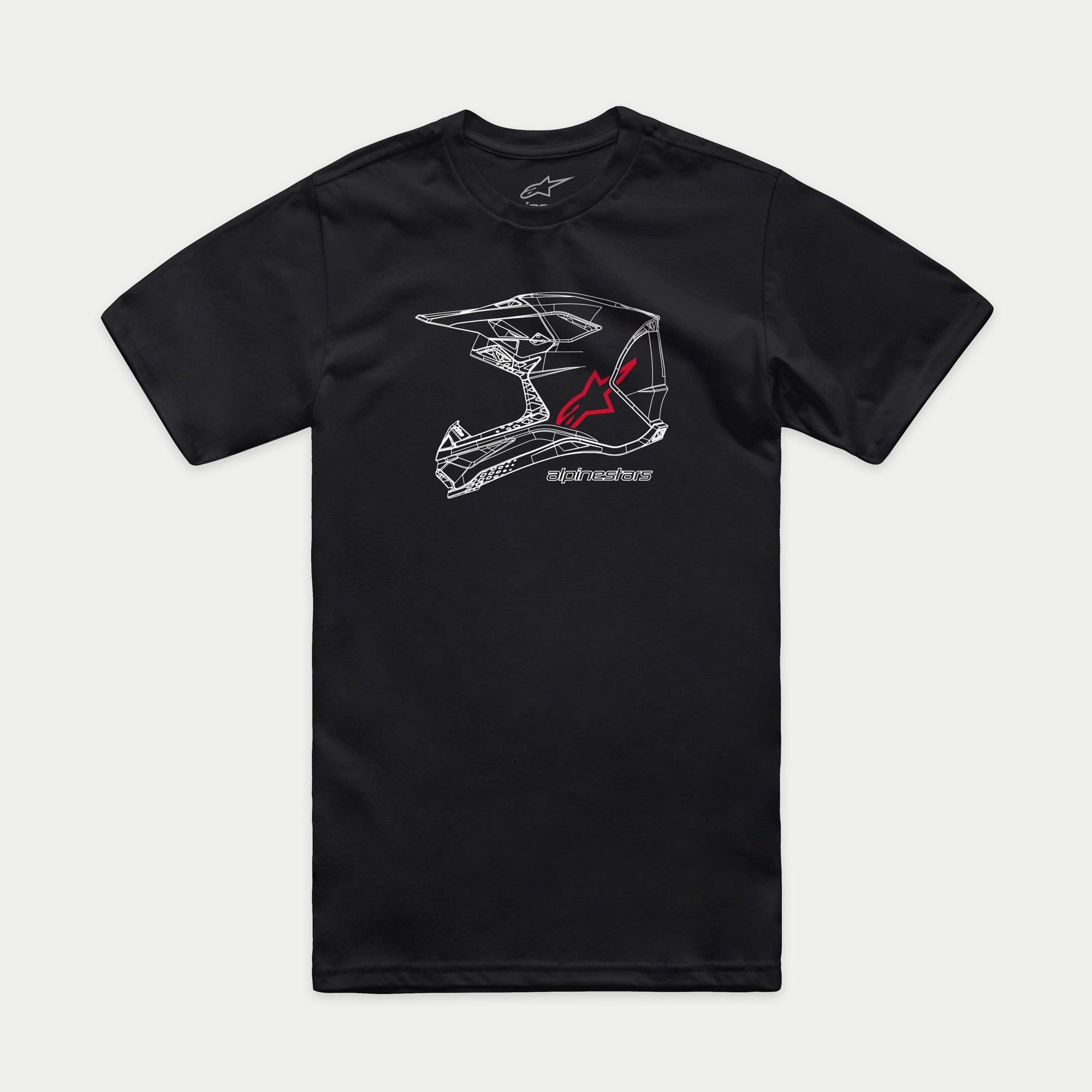 Alpinestars MX Helmet CSF T-Shirt, Kurzarm-T-Shirt, Schwarz, weiße MX-Helm-Grafik in Gitteroptik mit rotem Alpinestars-Logo und Schriftzug, lässige Motorsport-Streetwear