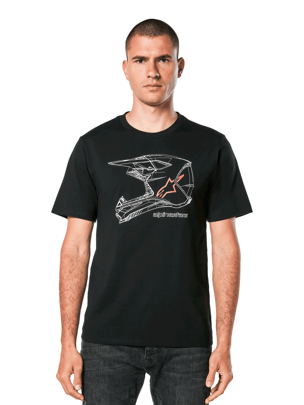 Alpinestars MX Helmet CSF Tee, Kurzarm-T-Shirt, Schwarz, weiße geometrische Motocross-Helm-Grafik mit orangefarbenem Stern-Logo, lässige Motorsport-Streetwear