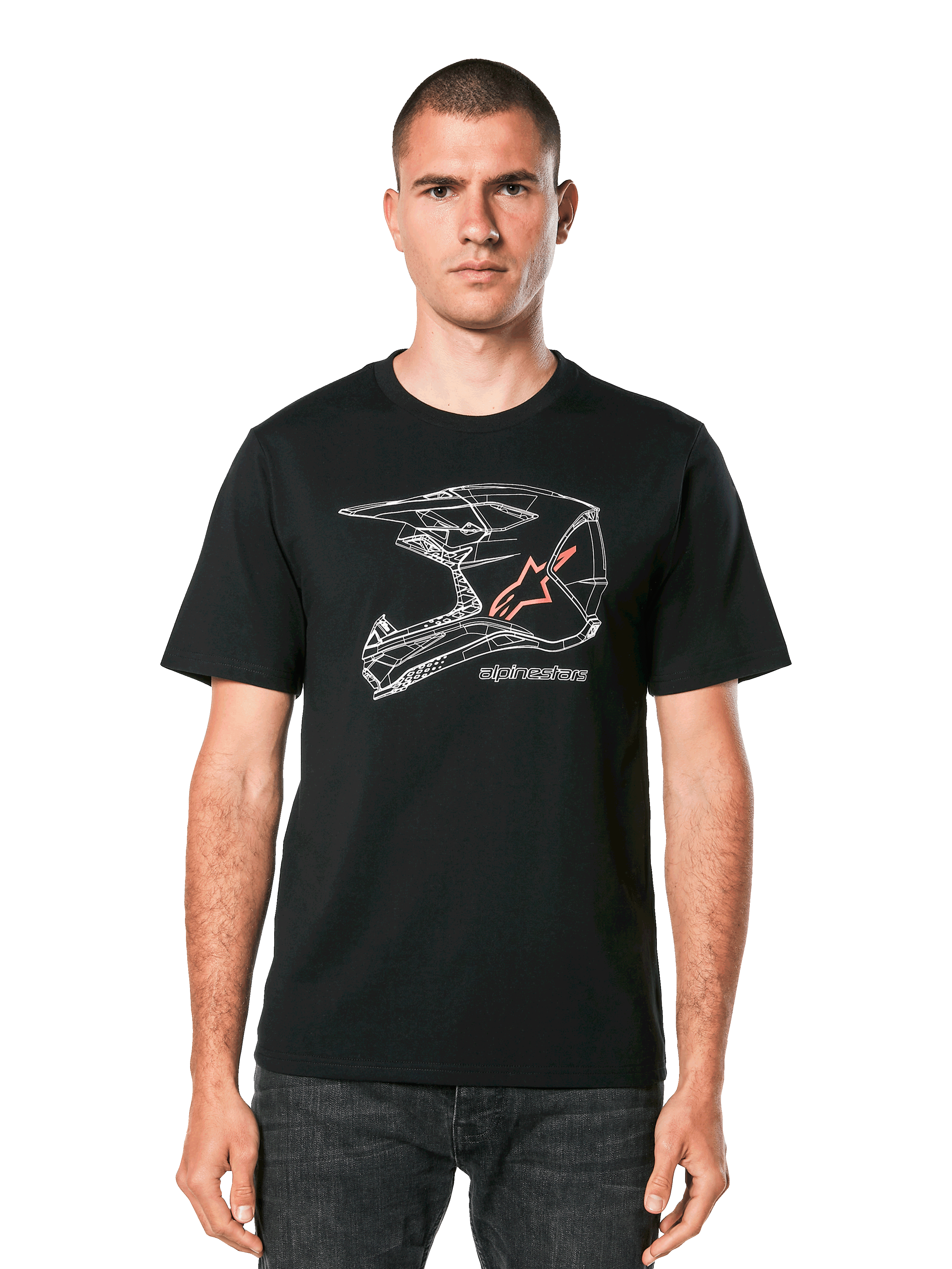 Alpinestars MX Helmet CSF Tee, Kurzarm-T-Shirt, Schwarz, weiße geometrische Motocross-Helm-Grafik mit orangefarbenem Stern-Logo, lässige Motorsport-Streetwear