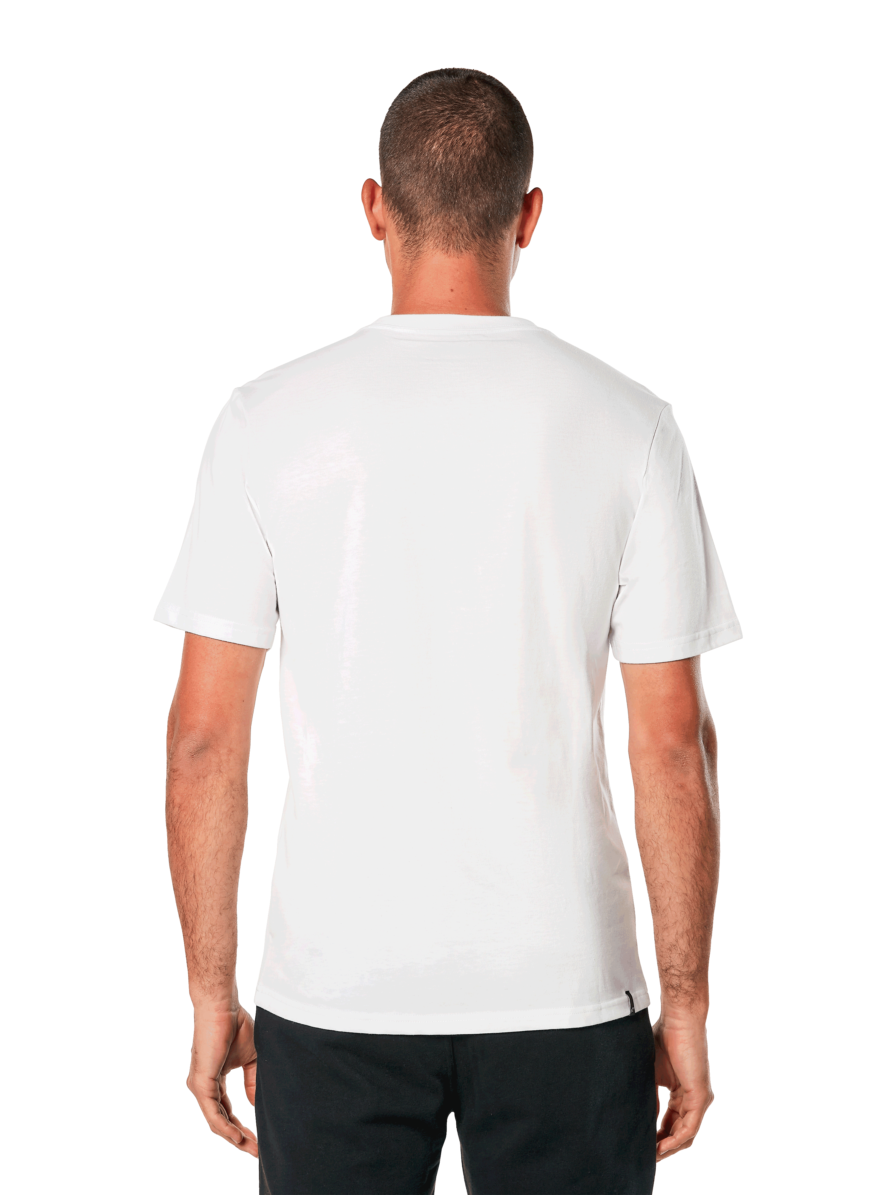 Alpinestars MX Helmet CSF Tee, Kurzarm-T-Shirt, Weiß, Rückansicht, getragen mit schwarzer Hose, lässiges, vom Motorsport inspiriertes Design