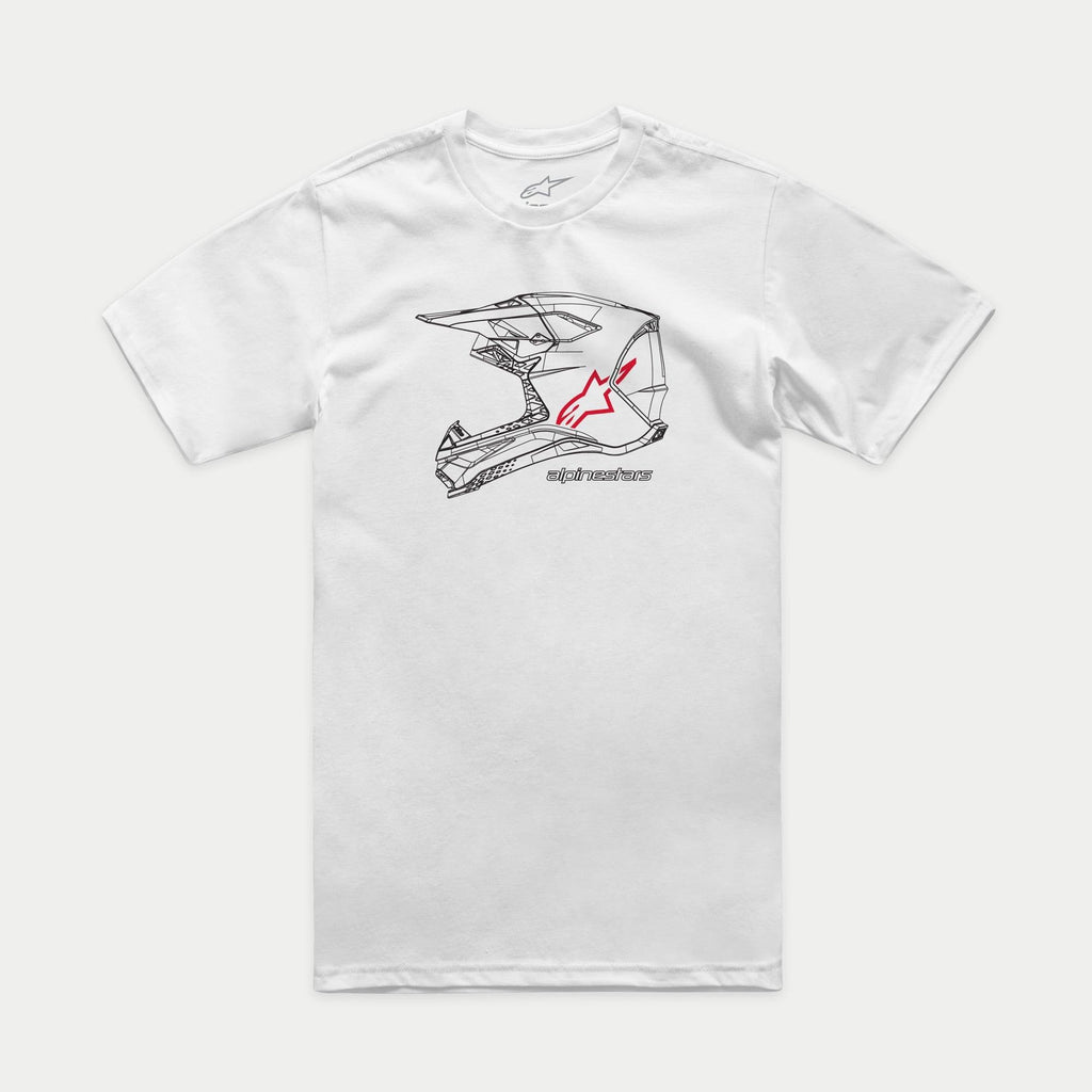 Alpinestars MX Helmet CSF Tee, Kurzarm-T-Shirt, Weiß, Schwarze Motocross-Helm-Grafik auf der Vorderseite mit rotem Stern-Logo und Alpinestars Schriftzug, Lässige motorsport-inspirierte Sportbekleidung