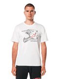 Alpinestars MX Helmet CSF Tee, weißes Kurzarm-T-Shirt, schwarze Wireframe-Grafik eines Motocross-Helms mit rotem Stern-Logo, lässige, vom Motorsport inspirierte Streetwear, getragen von einem Model
