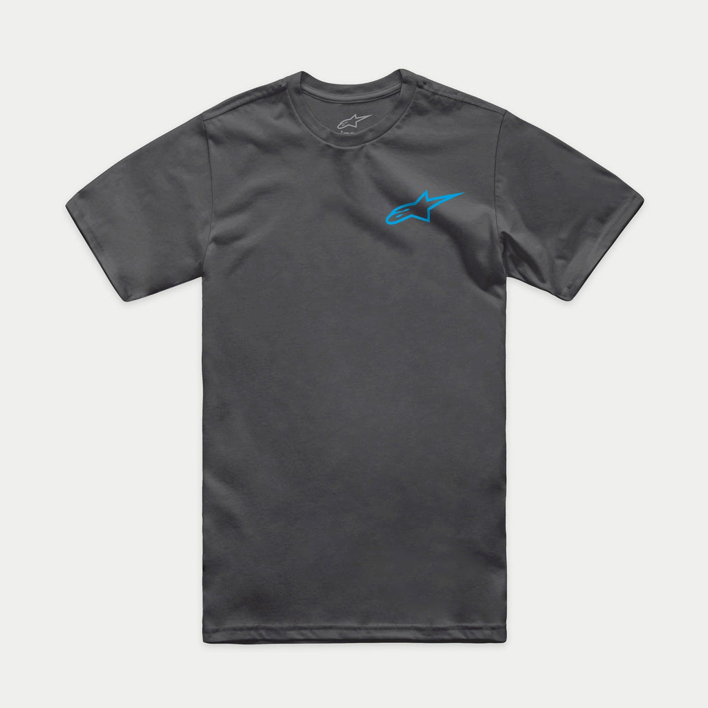Alpinestars Horizon CSF Tee, Short Sleeve T-Shirt, Charcoal Gray with Blue Alpinestars Ageless Logo, Casual Motorsport Sportswear