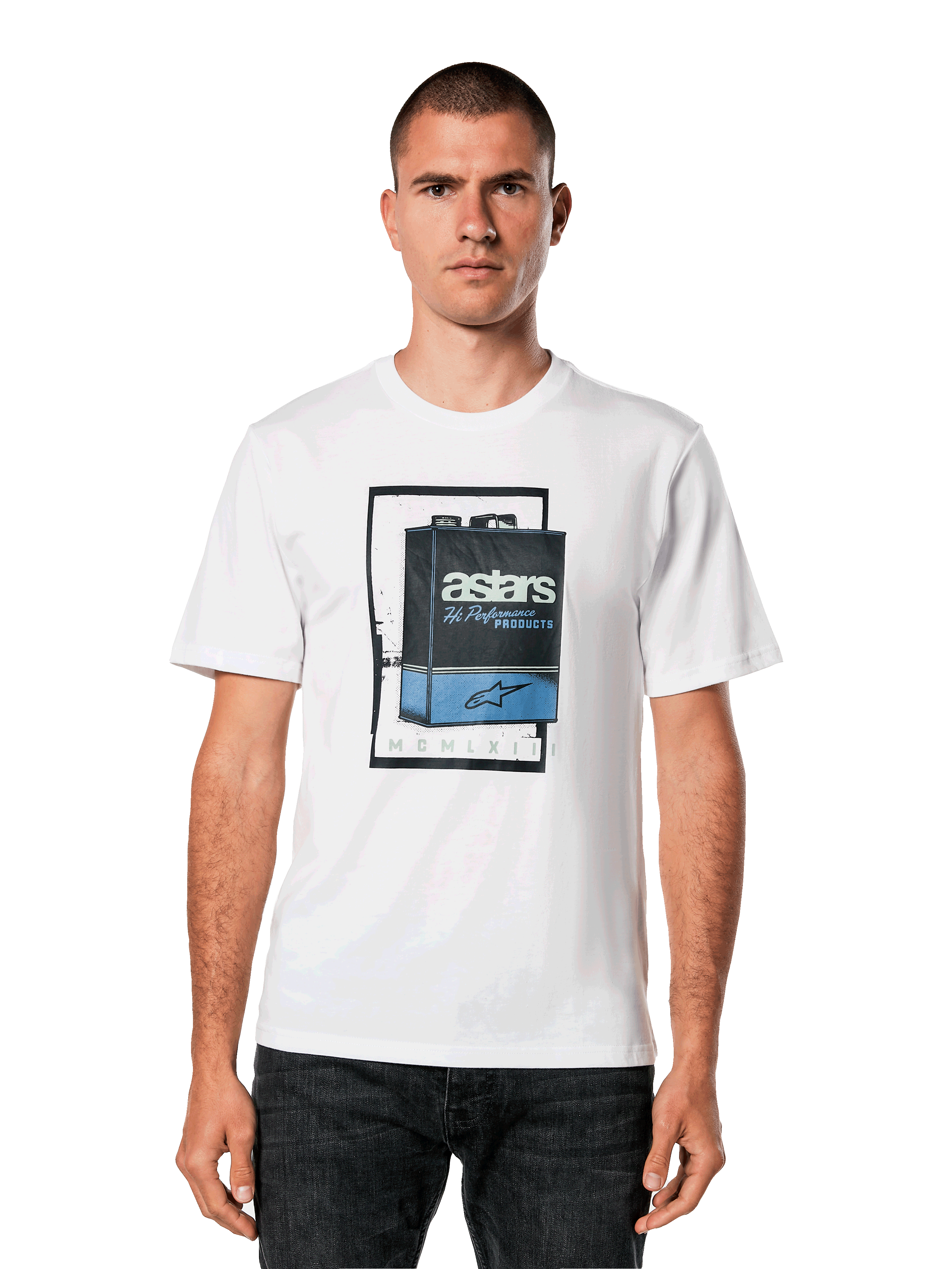 Alpinestars Galun CSF Tee, Short Sleeve White T-Shirt, Blue and Black Vintage Gas Can Graphic with Astars Logo and Roman Numeral MCMLXIII, Casual Motorsport Streetwear