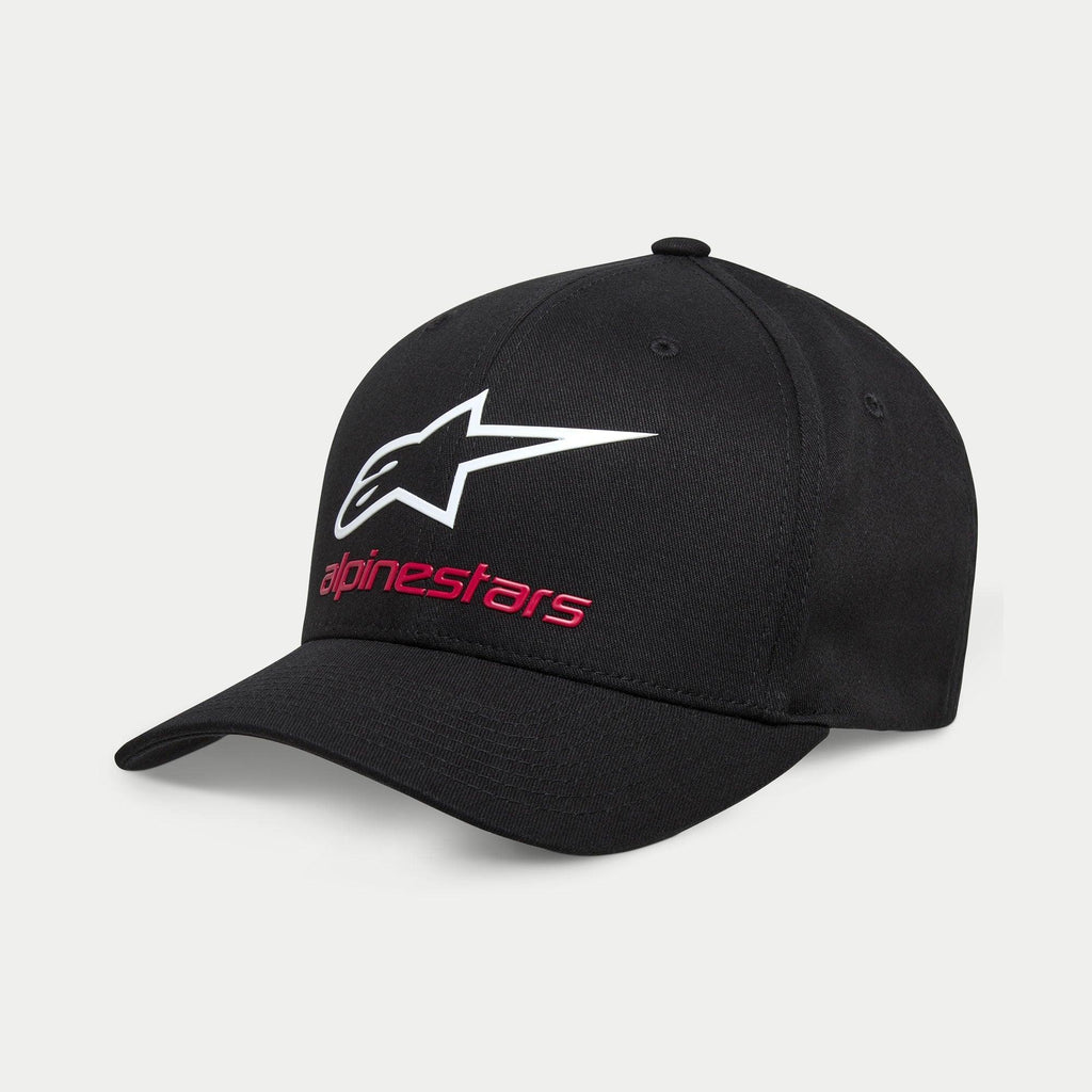 Alpinestars Always 2.0 Kappe, schwarze Baseball-Cap mit weißem Astars-Logo und rotem Alpinestars-Schriftzug, strukturierte Krone mit gebogenem Schirm, Stretch-Twill, lässige Sportbekleidung