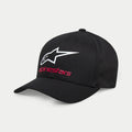 Alpinestars Always 2.0 Kappe, schwarze Baseball-Cap mit weißem Astars-Logo und rotem Alpinestars-Schriftzug, strukturierte Krone mit gebogenem Schirm, Stretch-Twill, lässige Sportbekleidung