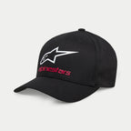 Alpinestars Always 2.0 Kappe, schwarze Baseball-Cap mit weißem Astars-Logo und rotem Alpinestars-Schriftzug, strukturierte Krone mit gebogenem Schirm, Stretch-Twill, lässige Sportbekleidung