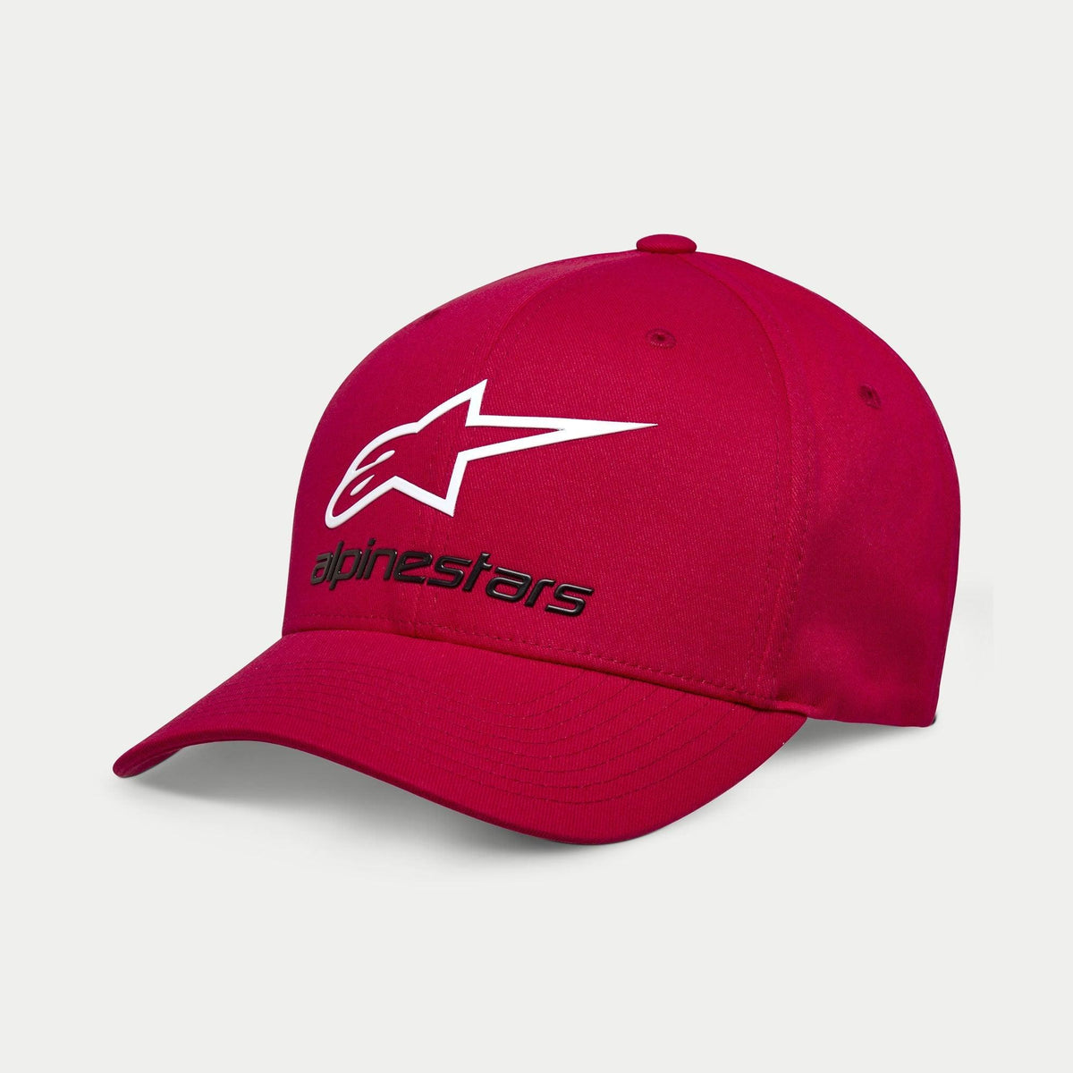 Alpinestars Always 2.0 Mütze, Sportmütze, Rot, Weißer Stern-Logo-Umriss mit schwarzem Alpinestars-Schriftzug, gebogener Schirm mit strukturierter Krone, lässige Motorsport-Streetwear