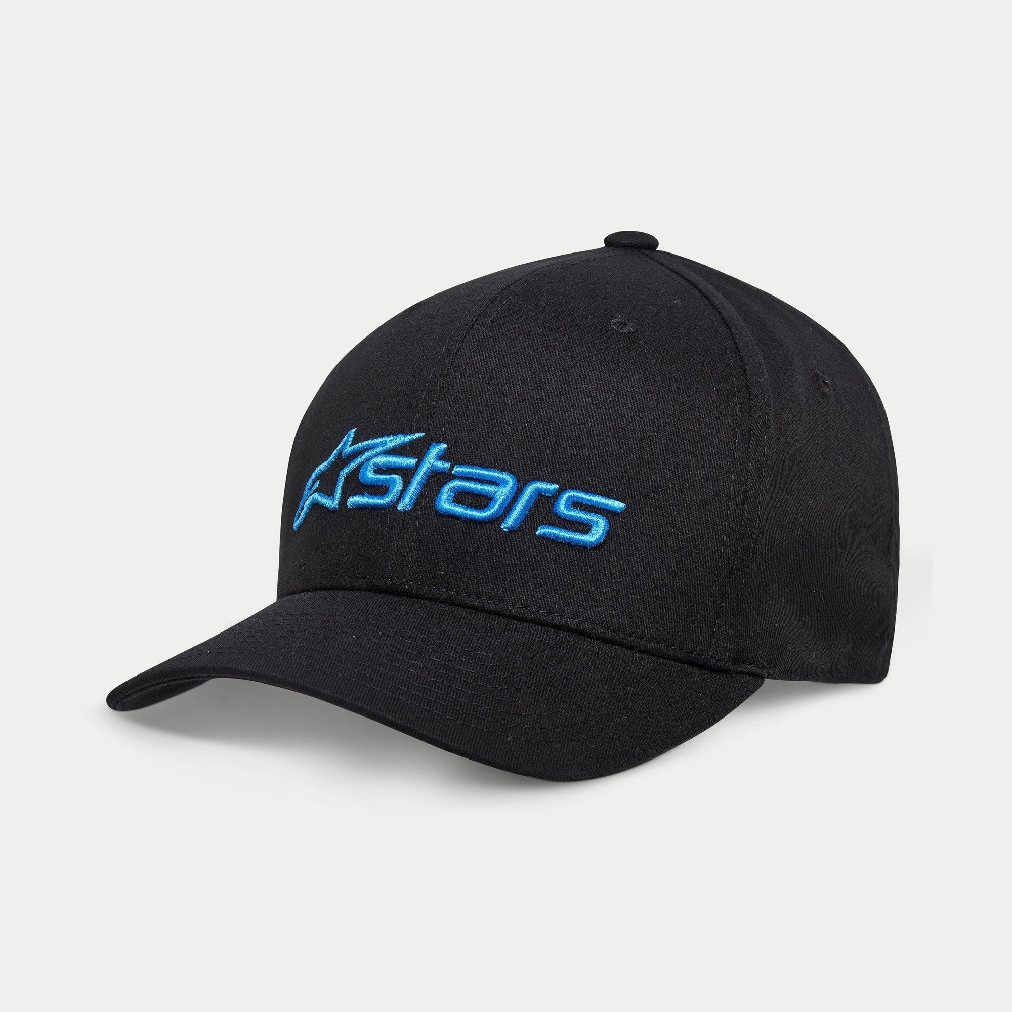 Alpinestars Blaze 2.0 Cap, Baseballkappe, Schwarz mit hellblauem Astars-Logo, gebogener Schirm und strukturierte Krone, lässiges Sport-Accessoire