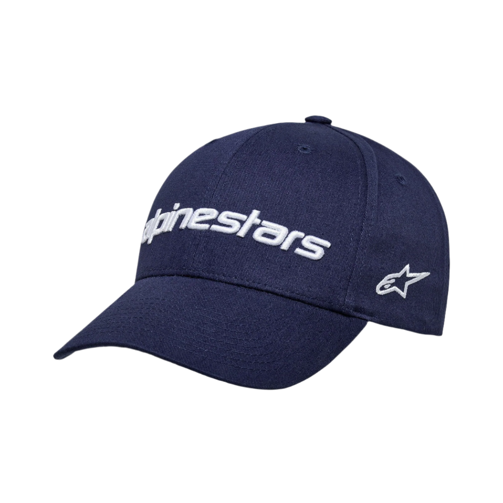 Alpinestars Linear Wordmark 2.0 Kappe, Dunkelblau mit weißem 3D-gesticktem Logo, gebogener Schirm, strukturierte Krone, seitliches Stern-Logo, Sportswear-Kappe aus Baumwoll-Twill