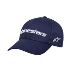 Alpinestars Linear Wordmark 2.0 Kappe, Dunkelblau mit weißem 3D-gesticktem Logo, gebogener Schirm, strukturierte Krone, seitliches Stern-Logo, Sportswear-Kappe aus Baumwoll-Twill