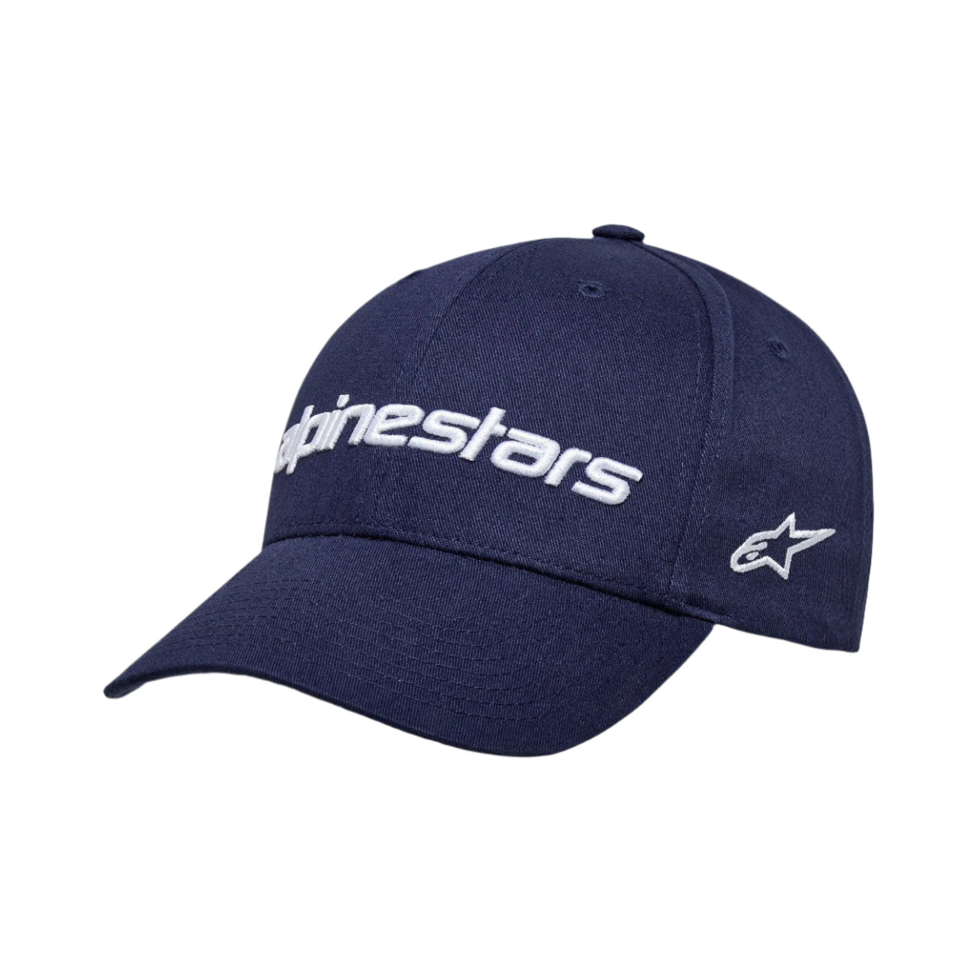 Alpinestars Linear Wordmark 2.0 Kappe, Dunkelblau mit weißem 3D-gesticktem Logo, gebogener Schirm, strukturierte Krone, seitliches Stern-Logo, Sportswear-Kappe aus Baumwoll-Twill
