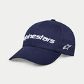 Alpinestars Linear Wordmark 2.0 Mütze, Marineblau mit weißer Stickerei, Snapback mit gebogenem Schirm, 3D-Alpinestars-Schriftzug und seitlichem Ageless-Stern-Logo, lässige Sportbekleidung