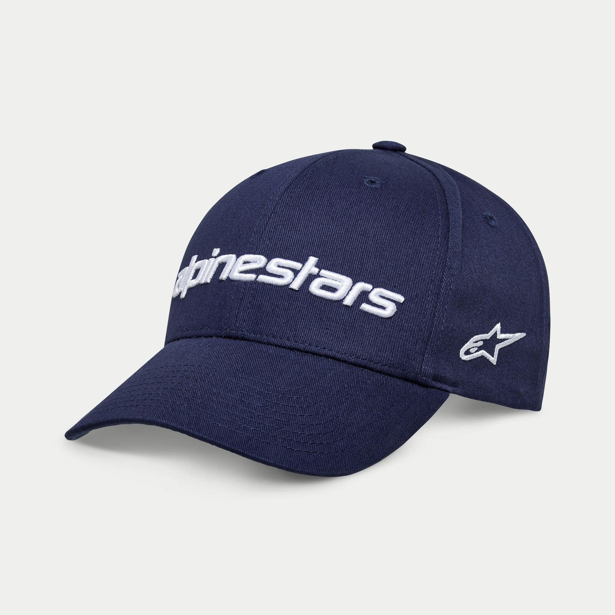 Alpinestars Linear Wordmark 2.0 Mütze, Marineblau mit weißer Stickerei, Snapback mit gebogenem Schirm, 3D-Alpinestars-Schriftzug und seitlichem Ageless-Stern-Logo, lässige Sportbekleidung