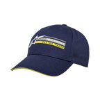 Alpinestars Par Cap, dunkelblaue Snapback-Mütze, 3D-Logo-Stickerei mit gelbem „RACING AHEAD“ Schriftzug, gebogener Schirm mit gelbem Sandwich-Detail, strukturierter Baumwolltwill, lässige Motorsport-Kopfbedeckung