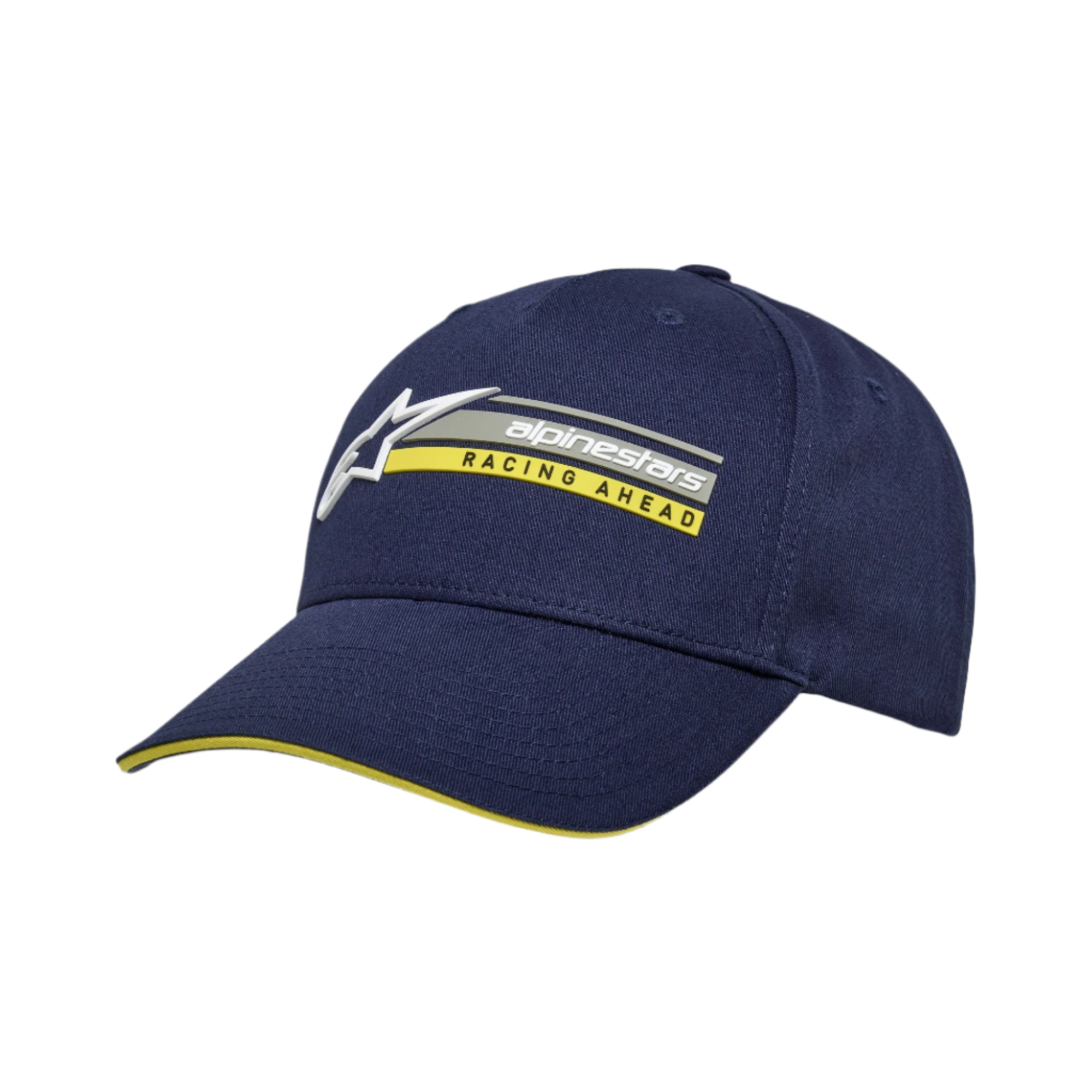 Alpinestars Par Cap, dunkelblaue Snapback-Mütze, 3D-Logo-Stickerei mit gelbem „RACING AHEAD“ Schriftzug, gebogener Schirm mit gelbem Sandwich-Detail, strukturierter Baumwolltwill, lässige Motorsport-Kopfbedeckung