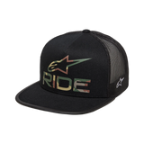 Alpinestars Ride 4.0 Camo Trucker Mütze, Schwarz, mit Alpinestars-Logo im Camouflage-Design und RIDE-Schriftzug auf der Vorderseite, flacher Schirm, strukturierte Krone, schwarze Mesh-Rückseite für Atmungsaktivität, lässiges, vom Motorsport inspiriertes Design
