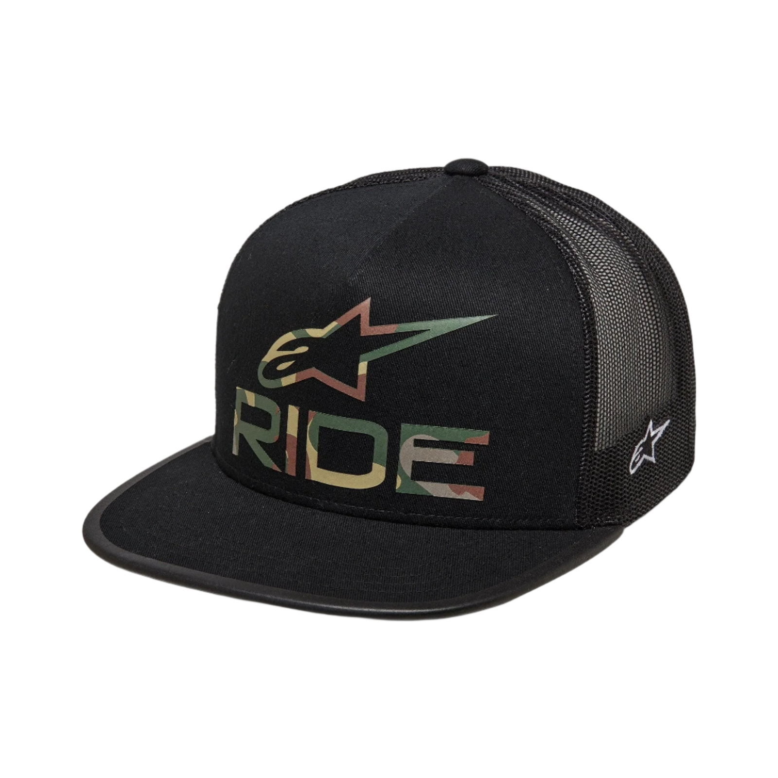 Alpinestars Ride 4.0 Camo Trucker Mütze, Schwarz, mit Alpinestars-Logo im Camouflage-Design und RIDE-Schriftzug auf der Vorderseite, flacher Schirm, strukturierte Krone, schwarze Mesh-Rückseite für Atmungsaktivität, lässiges, vom Motorsport inspiriertes Design