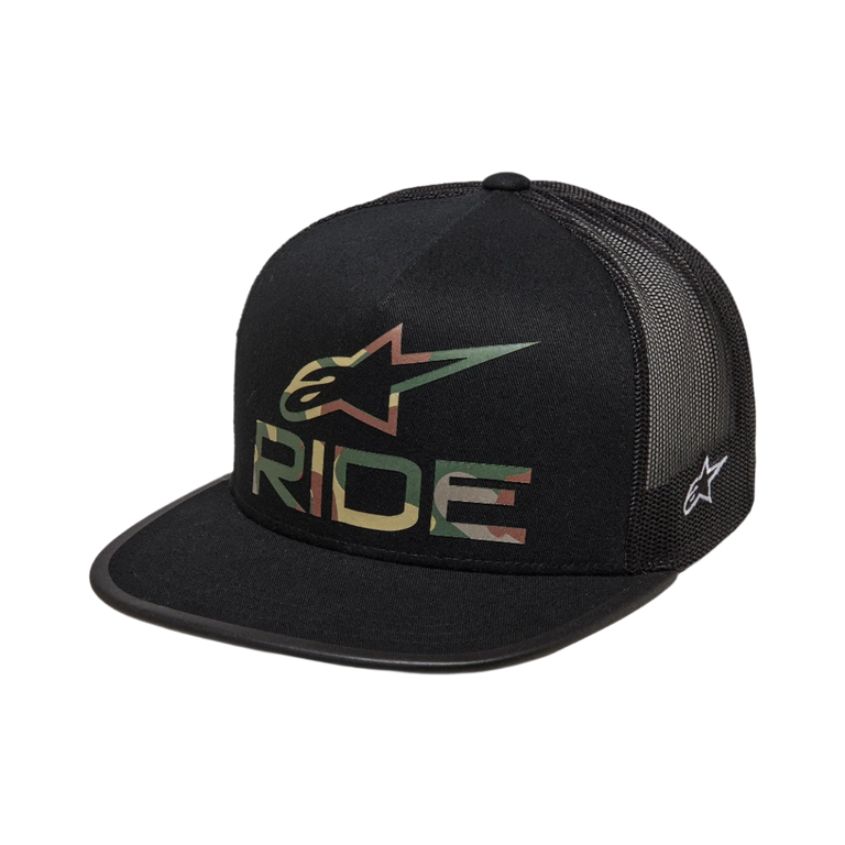 Alpinestars Ride 4.0 Camo Trucker Mütze, Schwarz, mit Alpinestars-Logo im Camouflage-Design und RIDE-Schriftzug auf der Vorderseite, flacher Schirm, strukturierte Krone, schwarze Mesh-Rückseite für Atmungsaktivität, lässiges, vom Motorsport inspiriertes Design