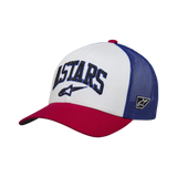 Alpinestars Dunker Trucker Hat, Weiß, Rot und Blau, roter gebogener Schirm mit weißer Frontpartie und blauem Mesh-Rücken, 3D ASTARS-Stickerei auf der Vorderseite, lässige vom Motorsport inspirierte Kopfbedeckung
