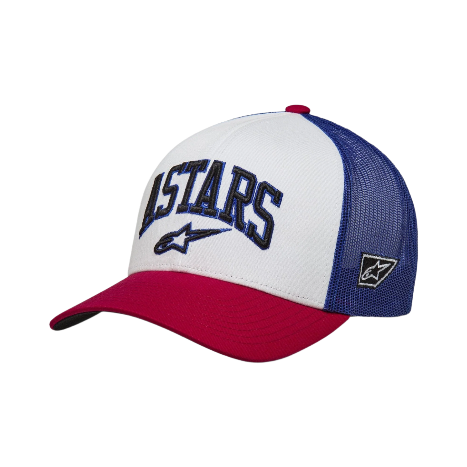 Alpinestars Dunker Trucker Hat, Weiß, Rot und Blau, roter gebogener Schirm mit weißer Frontpartie und blauem Mesh-Rücken, 3D ASTARS-Stickerei auf der Vorderseite, lässige vom Motorsport inspirierte Kopfbedeckung