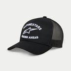 Alpinestars Triple Trucker Hat, Black Trucker Cap, Curved Bill, White 3D Embroidery with 'ALPINESTARS' and 'RACING AHEAD' Logo, Twill Front and Mesh Back Panels, Casual Motorsport Apparel