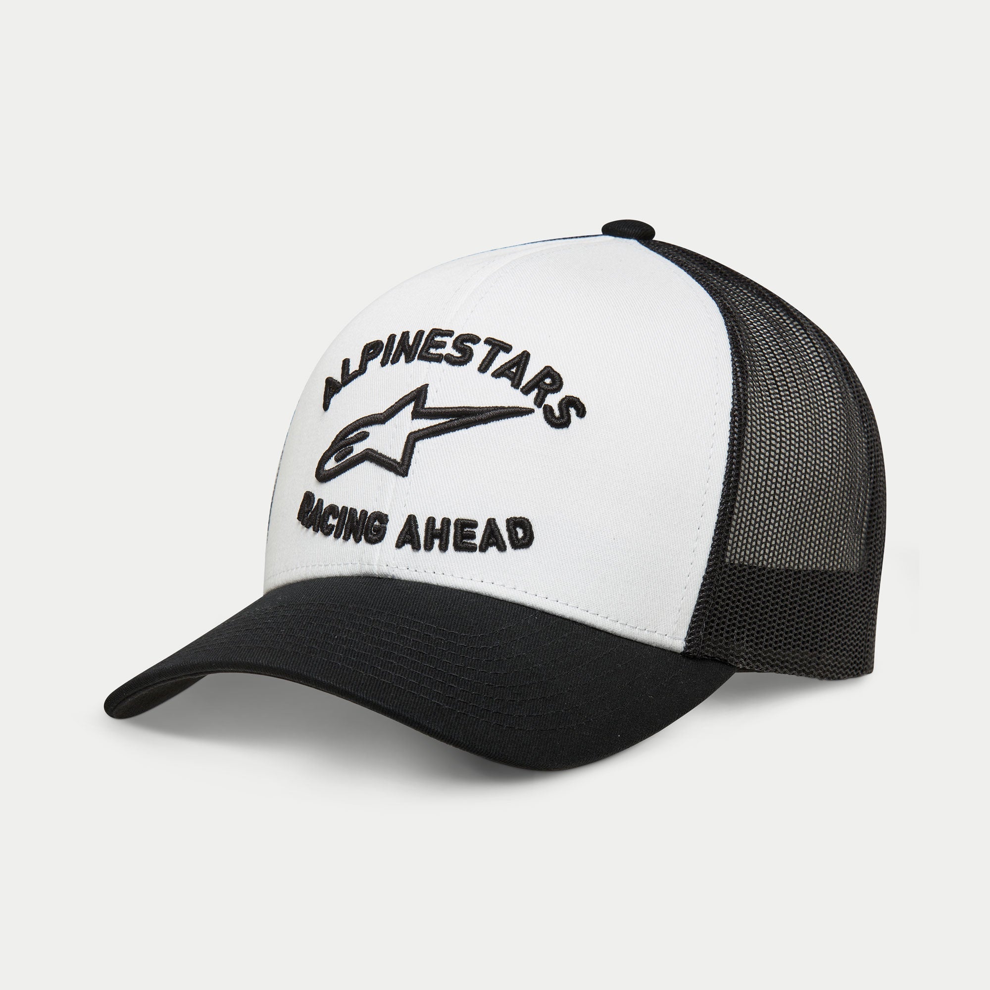 Alpinestars Triple Trucker Hat, Casual Trucker Cap, White and Black, 3D black embroidery with star logo and 'Racing Ahead' text, curved bill with mesh back, Sportswear Streetwear