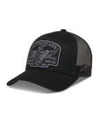 Alpinestars Heritage Patch Trucker Hat, black and gray sportswear cap with mesh back and embroidered racing patch.