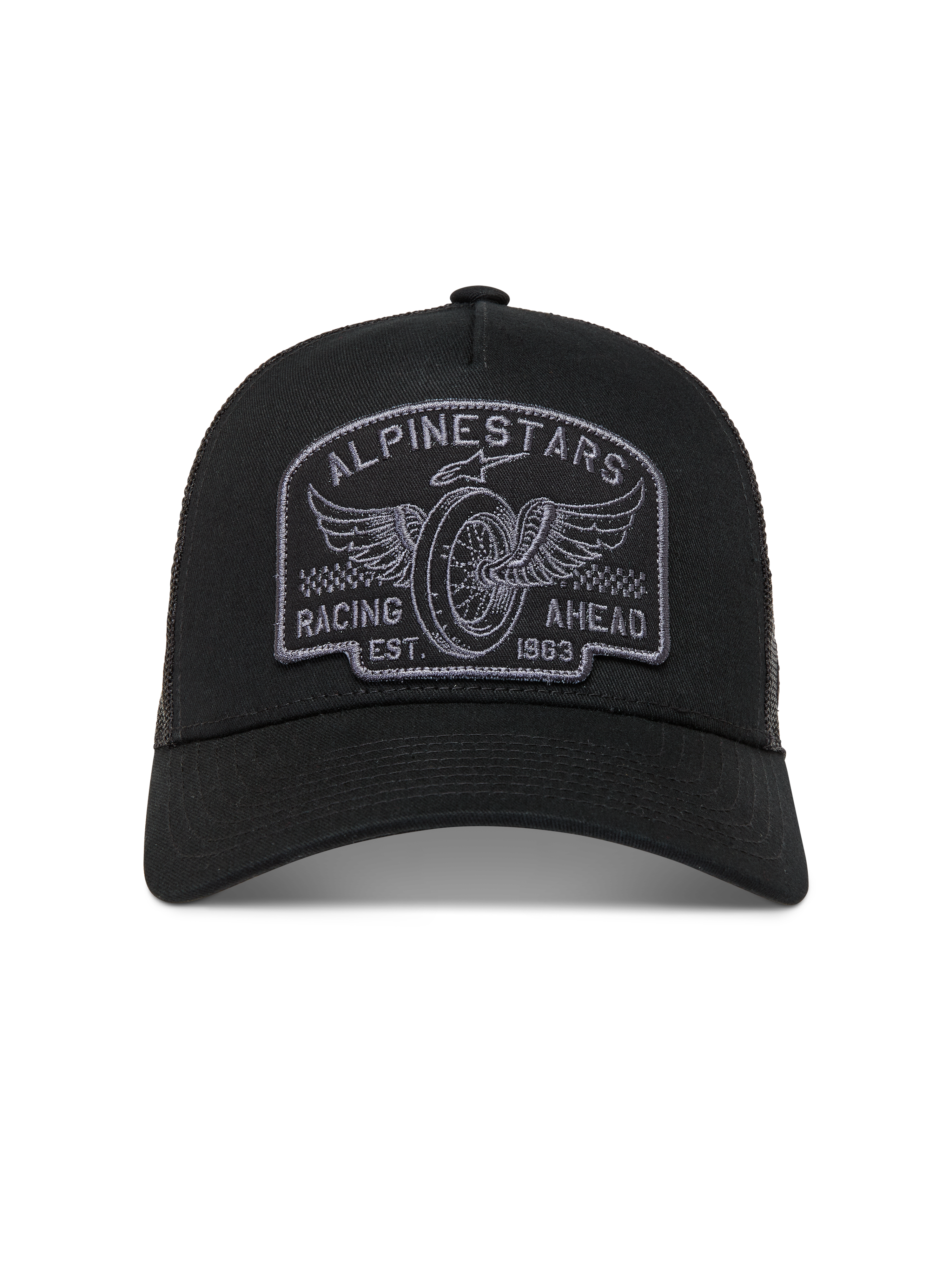 Alpinestars Heritage Patch Trucker Hat in Black and Gray, featuring a curved bill, mesh back, and embroidered racing logo.