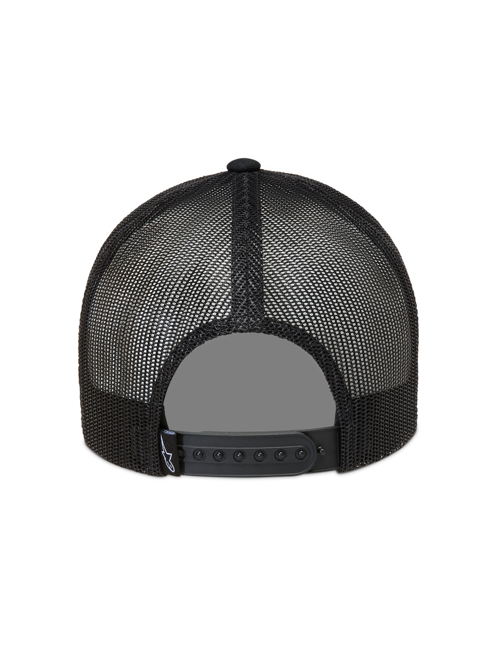 Alpinestars Heritage Patch Trucker Hat in Black, featuring a breathable poly mesh back and adjustable snapback closure.