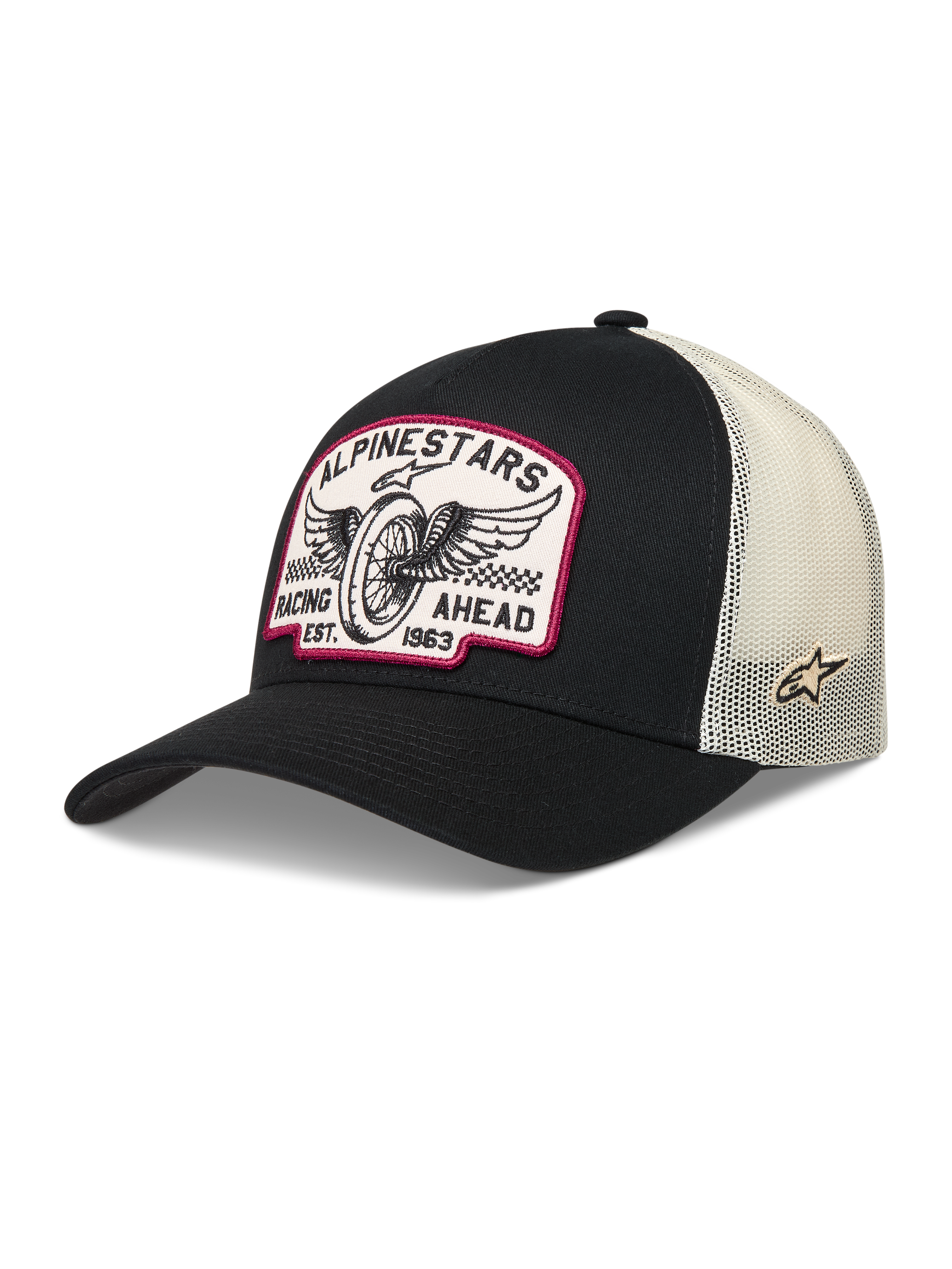 Alpinestars Heritage Patch Trucker-Mütze, Schwarz und Natural, Vintage-Rennsport-Logo-Patch, Poly-Mesh-Gewebe.