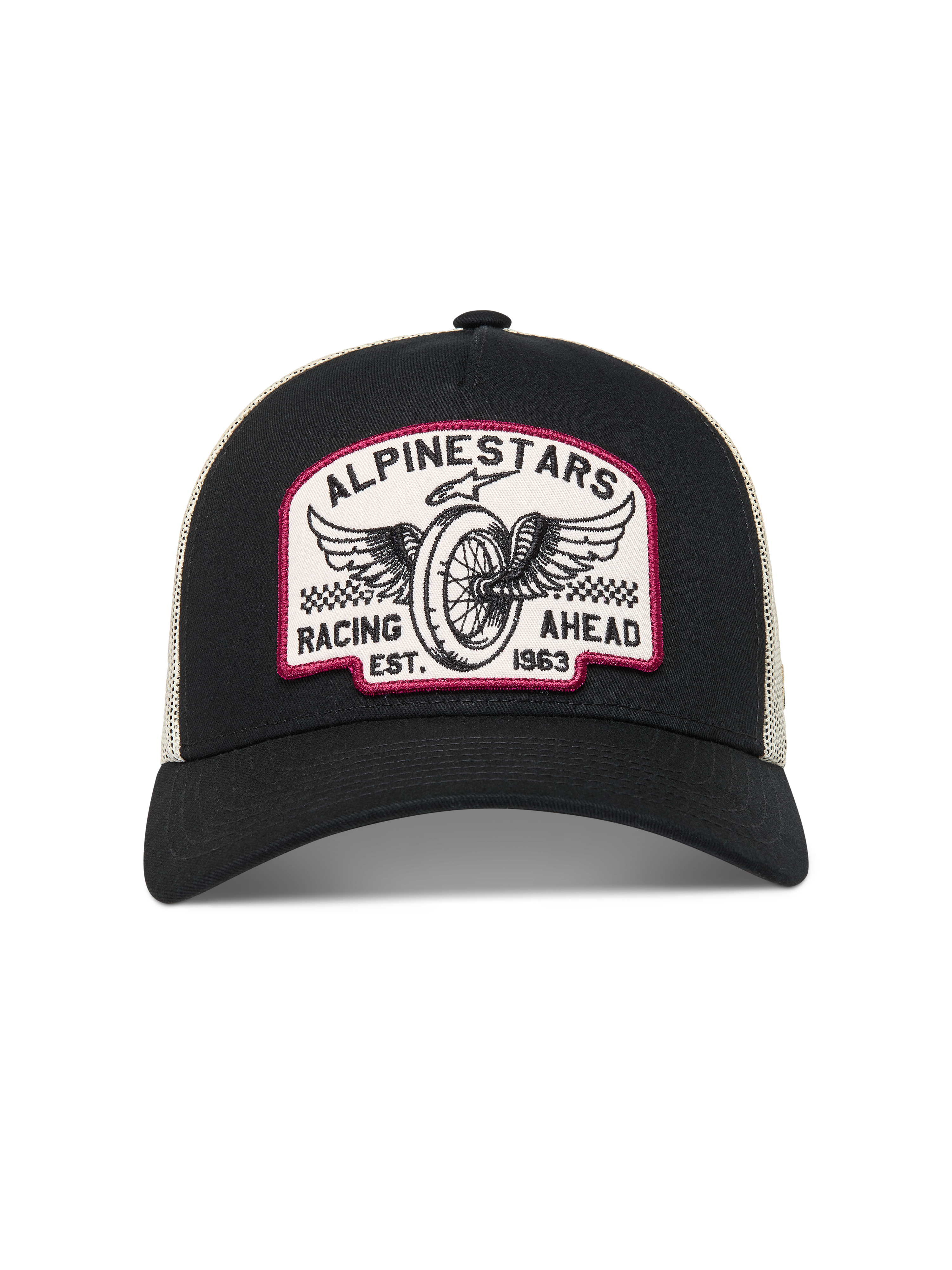Alpinestars Heritage Patch Trucker-Mütze, Kappe in Schwarz und Natur mit Vintage-Stickerei-Patch, Motorsport-Lifestyle.