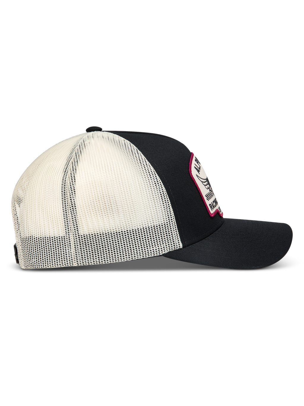 Alpinestars Heritage Patch Trucker-Mütze, Sportkappe in Schwarz und Weiß, Mesh-Rückseite, gebogener Schirm und Logo-Patch.